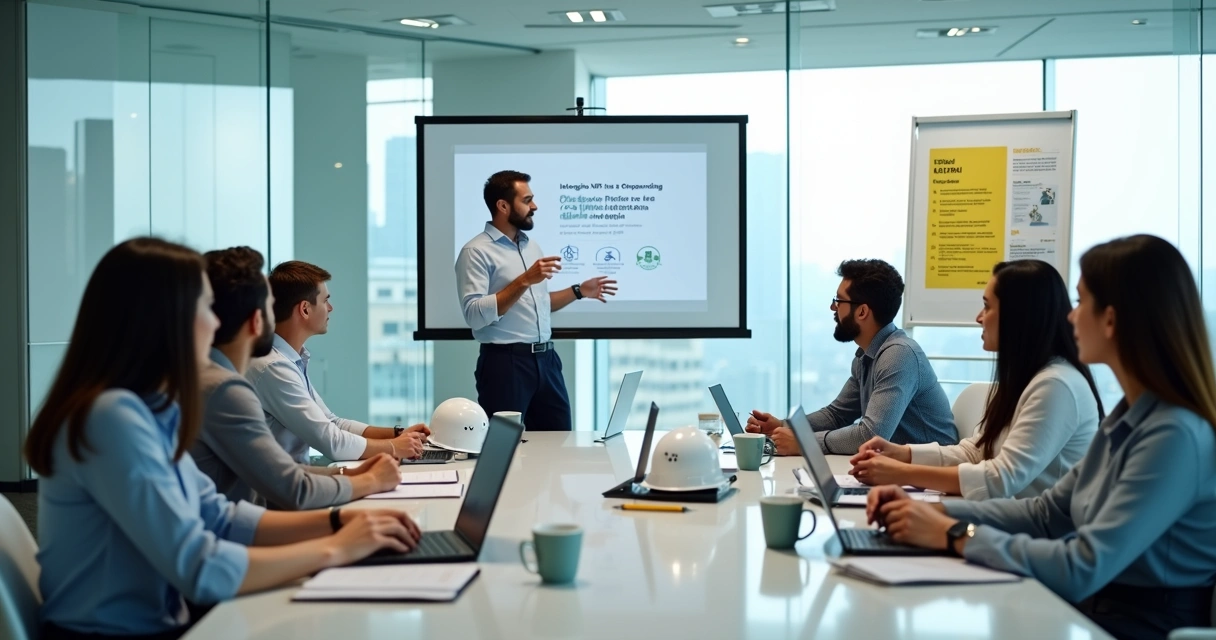 Reunião de integração com novos colaboradores e apresentação de normas de segurança do trabalho 