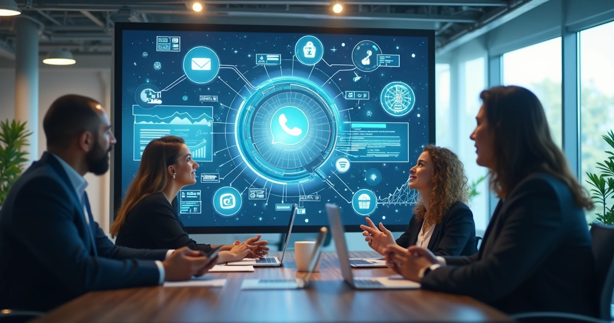 Central digital mostrando integração de múltiplos canais como WhatsApp, Instagram e CRM em uma interface moderna e detalhada 