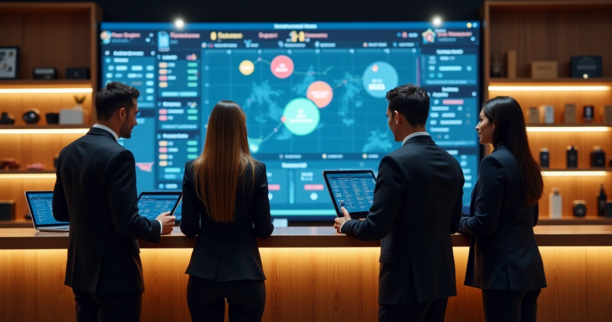 Equipe de loja reunida com tablets mostrando integração de canais 