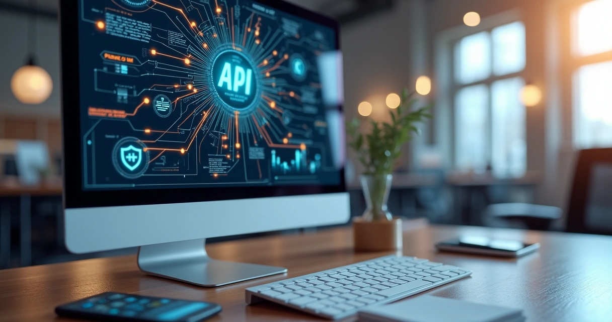 Tela de computador exibindo integração de APIs financeiras com diagramas e fluxos de dados coloridos 