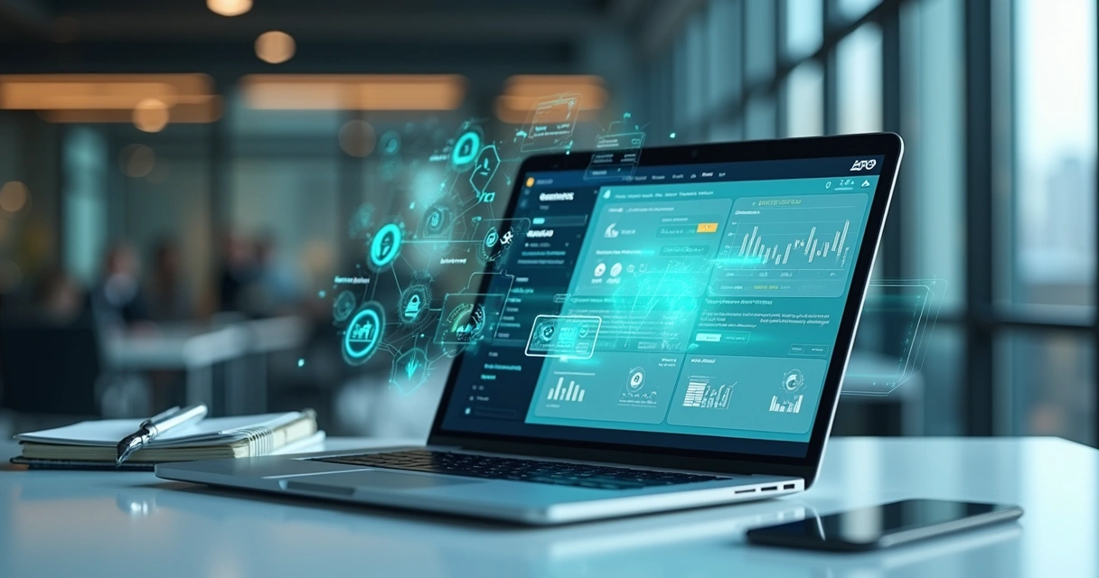 Dashboard financeiro integrando Open Finance com SAP e TOTVS em tela de notebook 