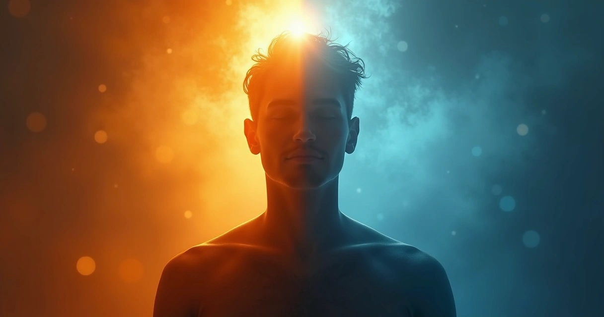 Figura humana com lados opostos representados por cores diferentes se unindo no centro 