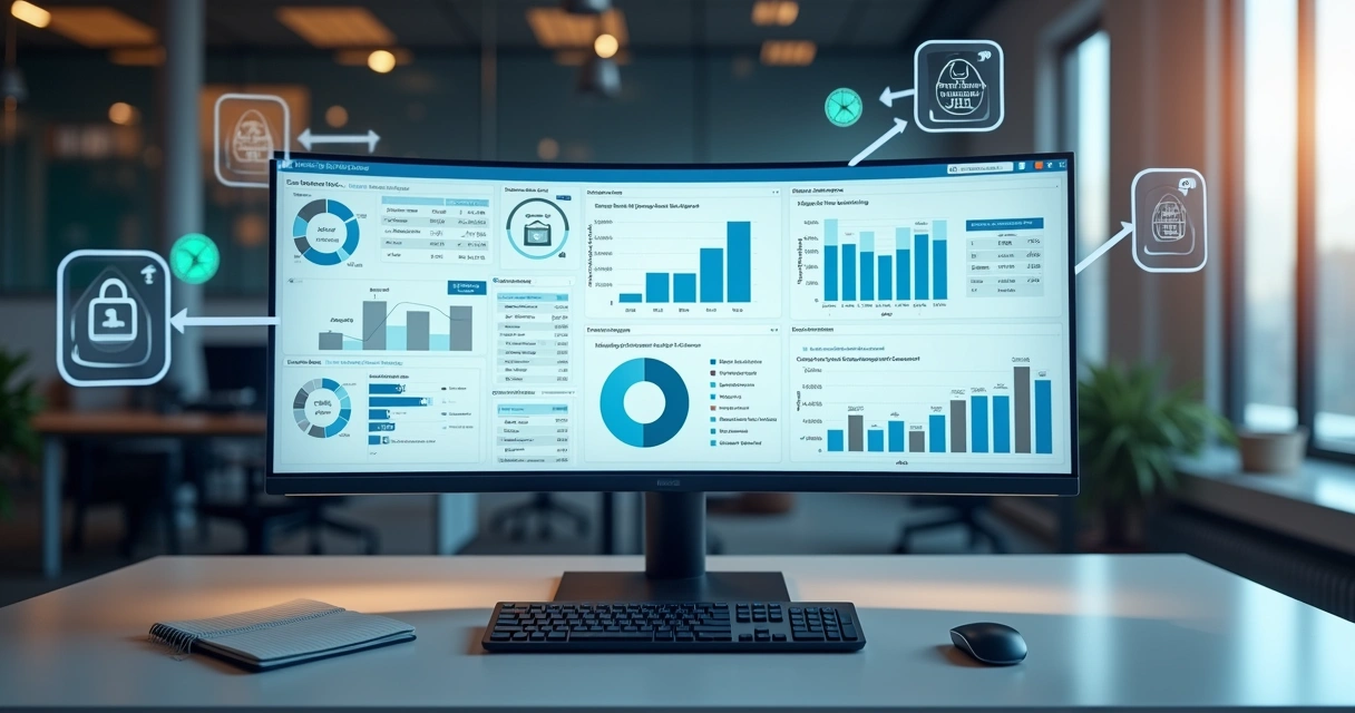 Tela de computador mostrando integração de sistemas financeiros e contábeis Oracle com bancos e automação de dados 