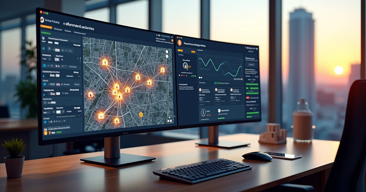 Tela de mapa digital com imóveis conectada a painel de CRM em escritório moderno 