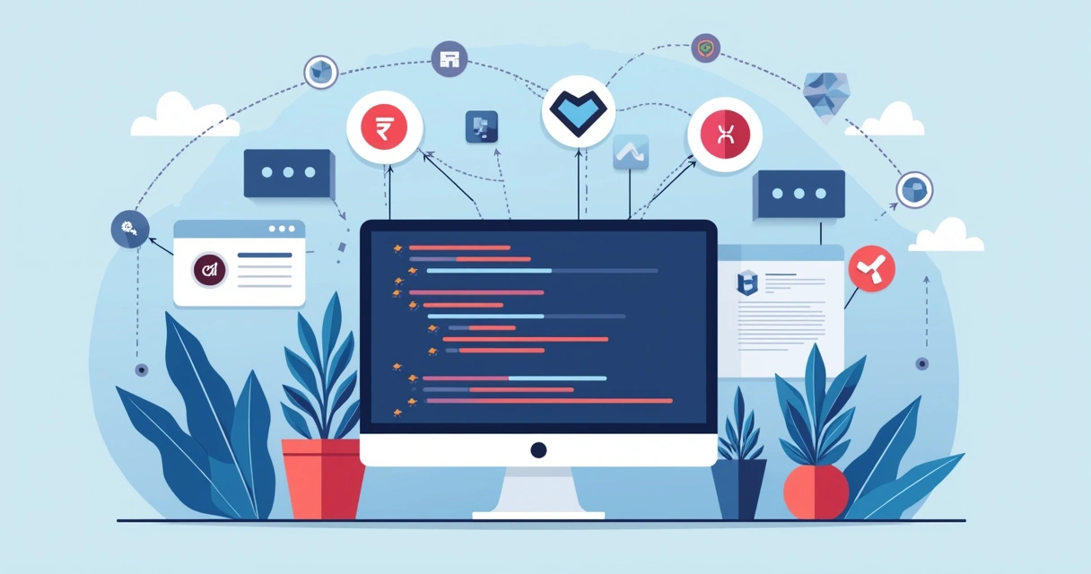 Ilustração corporativa flat mostrando integração de plataformas de pagamento em SaaS com Laravel, incluindo computador com código, ícones de gateways de pagamento, mapas de fluxo e gráficos de escalabilidade 