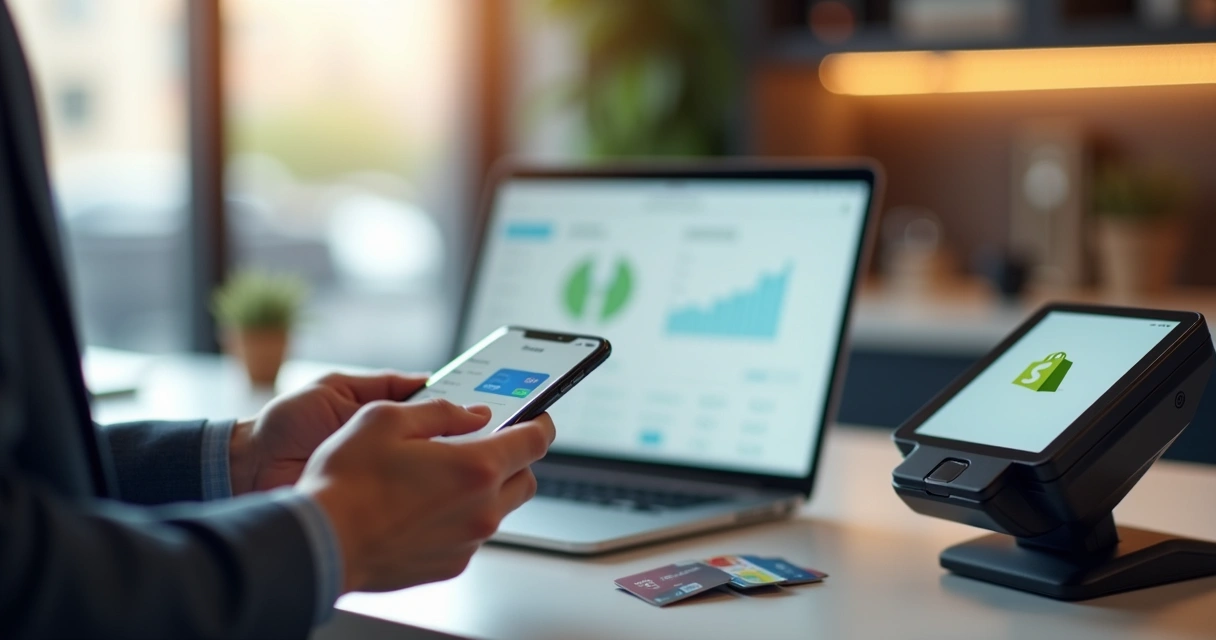 Pessoa usando smartphone para fazer pagamento com cartão na Shopify em ambiente de loja digital com computador e terminal POS 