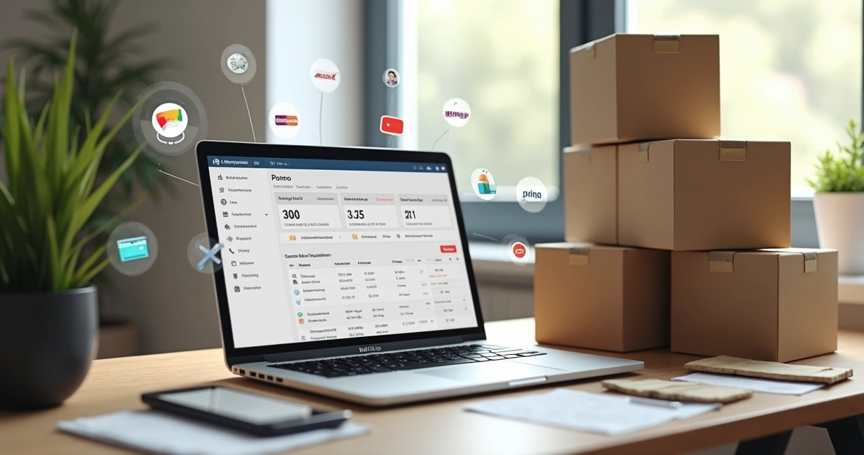 Mesa com laptop aberto mostrando painel de e-commerce, caixas de entrega empilhadas ao lado e ícones digitais de pagamentos como Pix, boleto e carteiras digitais flutuando ao redor 