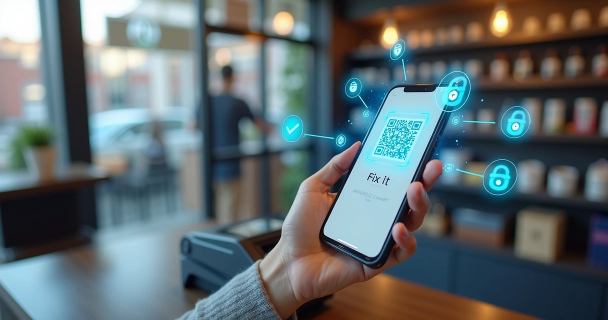 Pessoa usando smartphone para realizar pagamento instantâneo via Pix em loja com terminal de pagamento e QR Code 