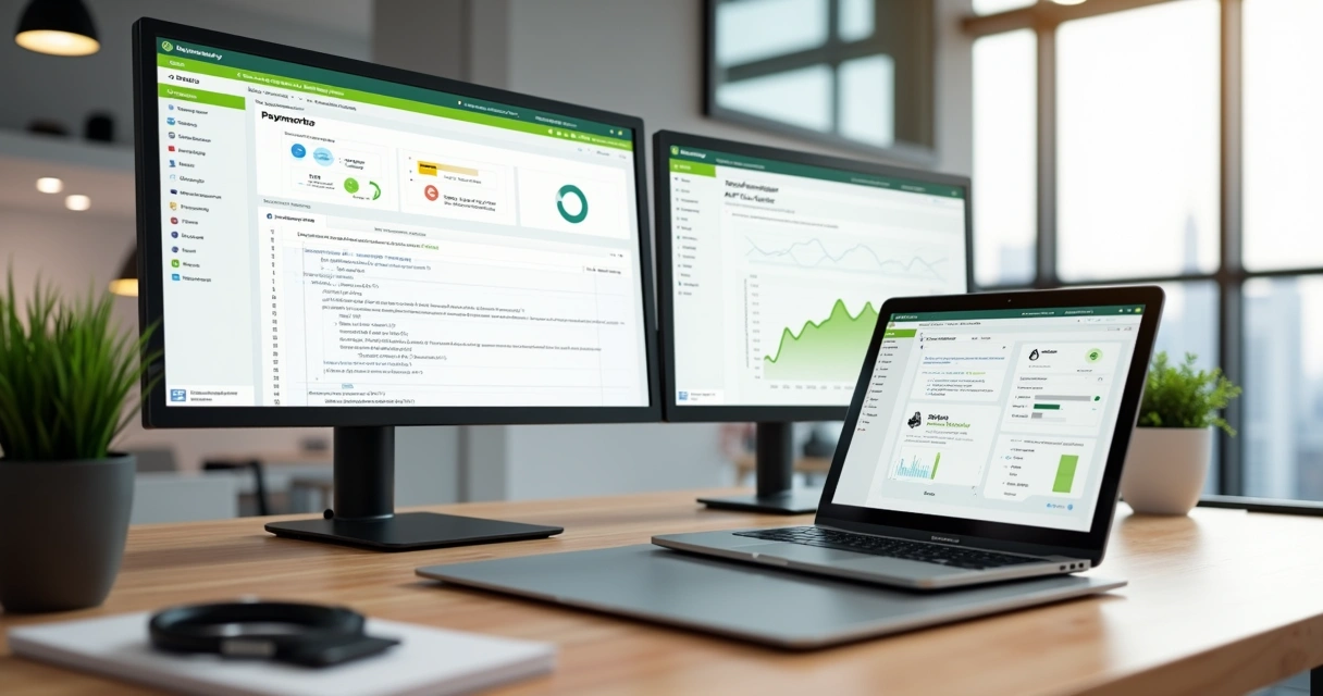 Dashboard de loja virtual exibindo integração de pagamentos na Shopify em laptop sobre mesa de escritório moderna 