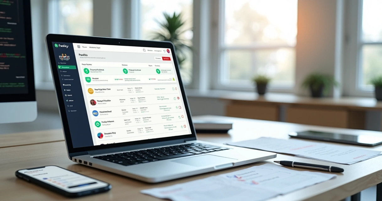 Tela de dashboard de pagamentos integrada ao Shopify em notebook sobre mesa de escritório 