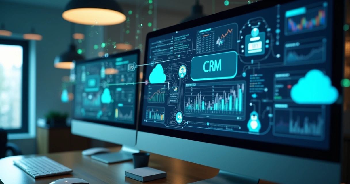 Interface digital mostrando painel e integração com CRM 