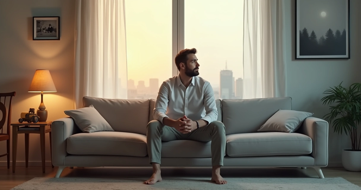 Adulto sentado em sala dividida entre memórias do passado e vida adulta no presente 