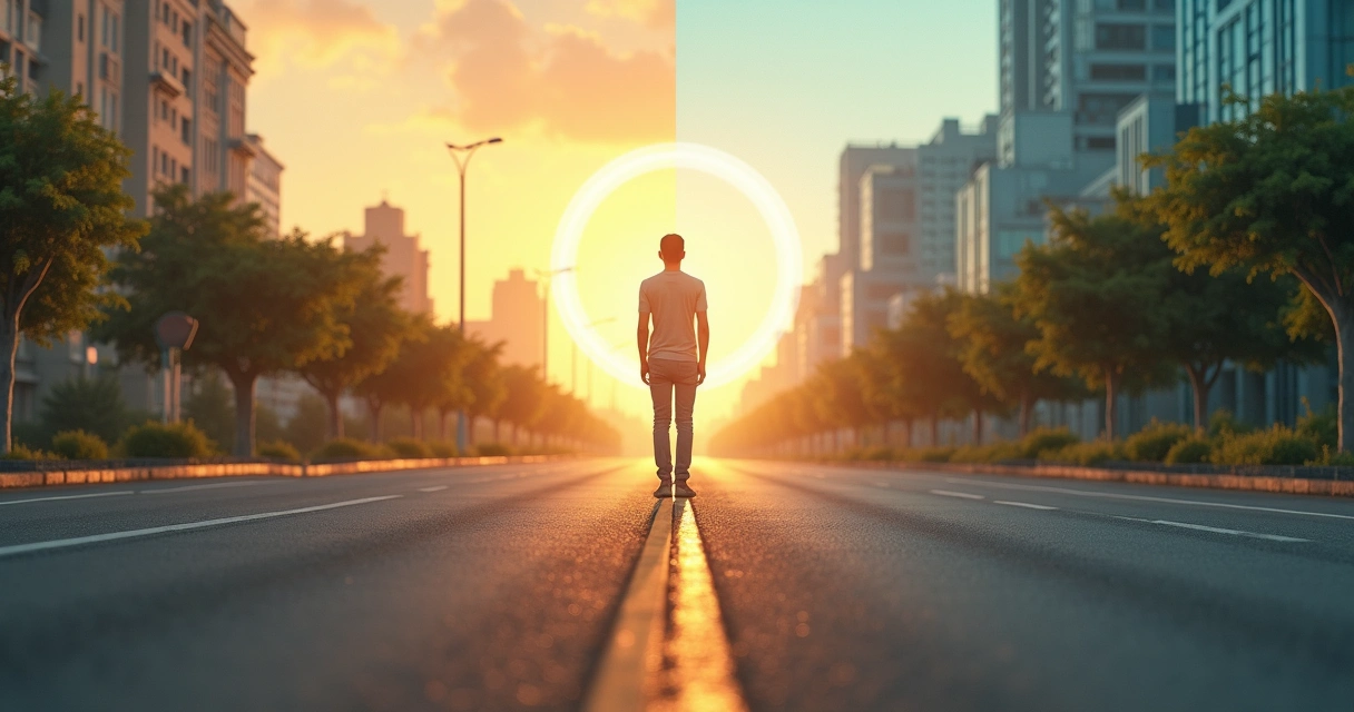 Pessoa em pé em uma estrada que liga paisagem do passado e do presente 