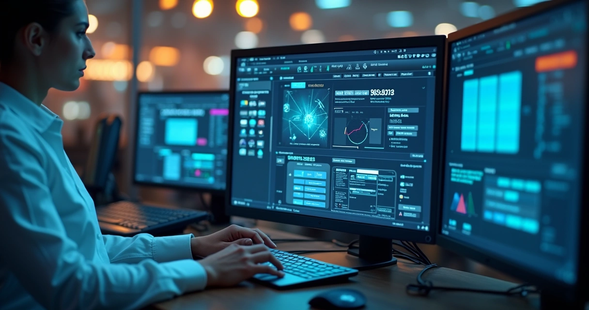 Computadores e caixas registradoras conectados mostrando integração entre PDV e e-commerce com gráficos de vendas e estoque unificado 