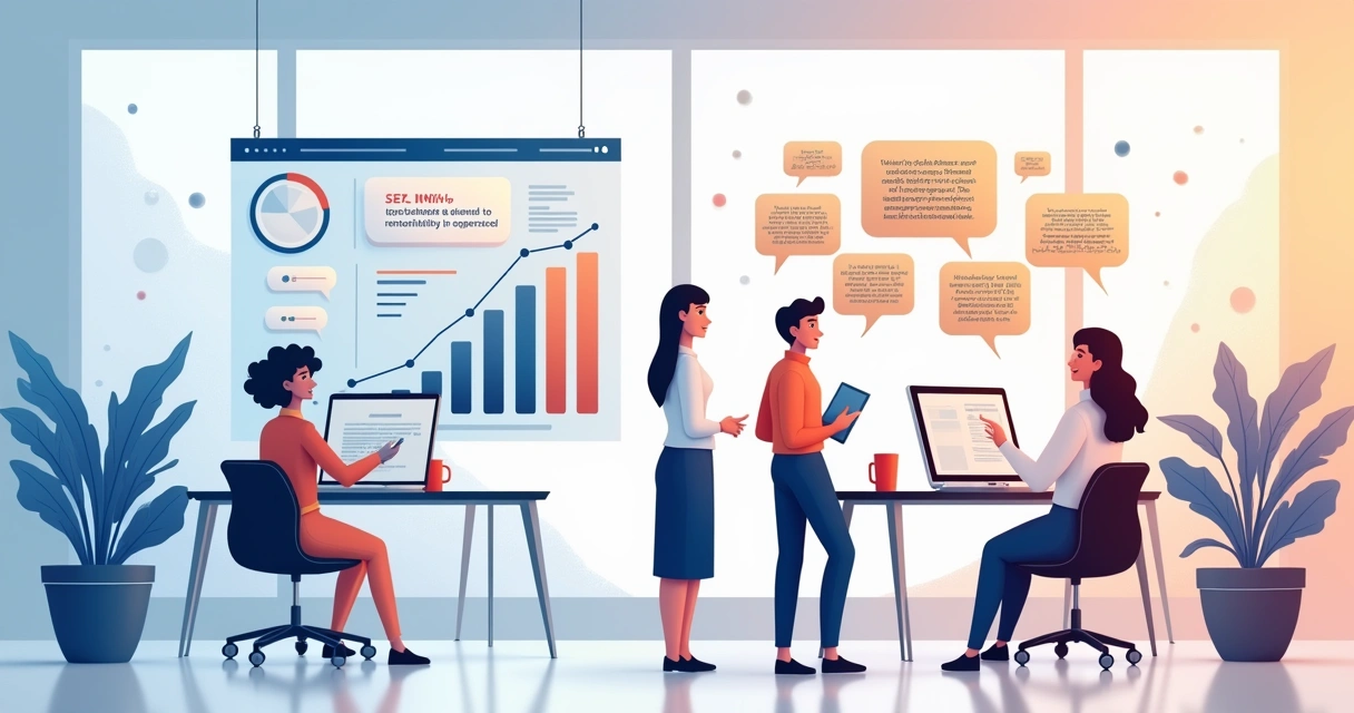 Ilustração da integração entre pesquisas qualitativas e quantitativas em um escritório moderno, com gráficos e interações humanas.