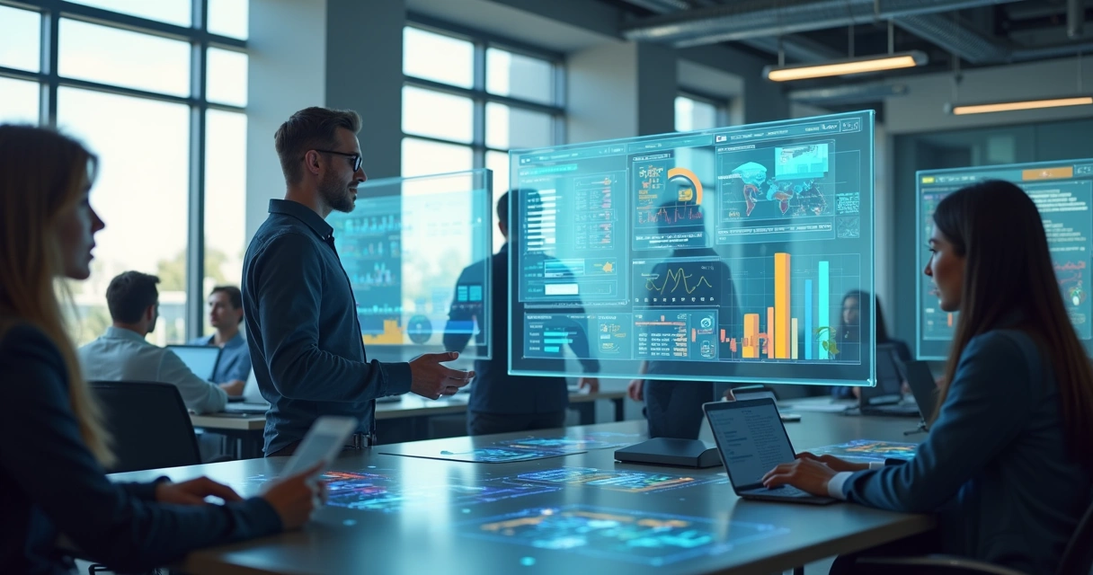 Equipe de vendas e agentes de IA trabalhando juntos em um ambiente moderno com telas digitais mostrando dados e gráficos de desempenho 