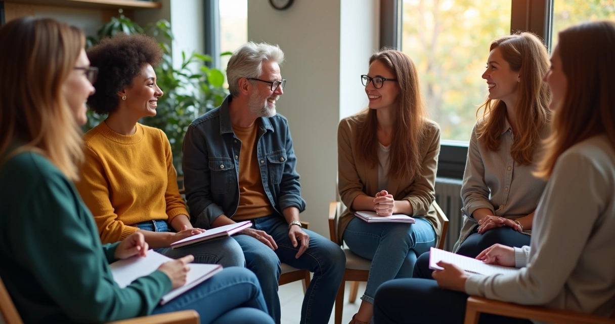 Grupo de pessoas de diferentes idades e estilos sentados em círculo, sorrindo e trocando ideias. 