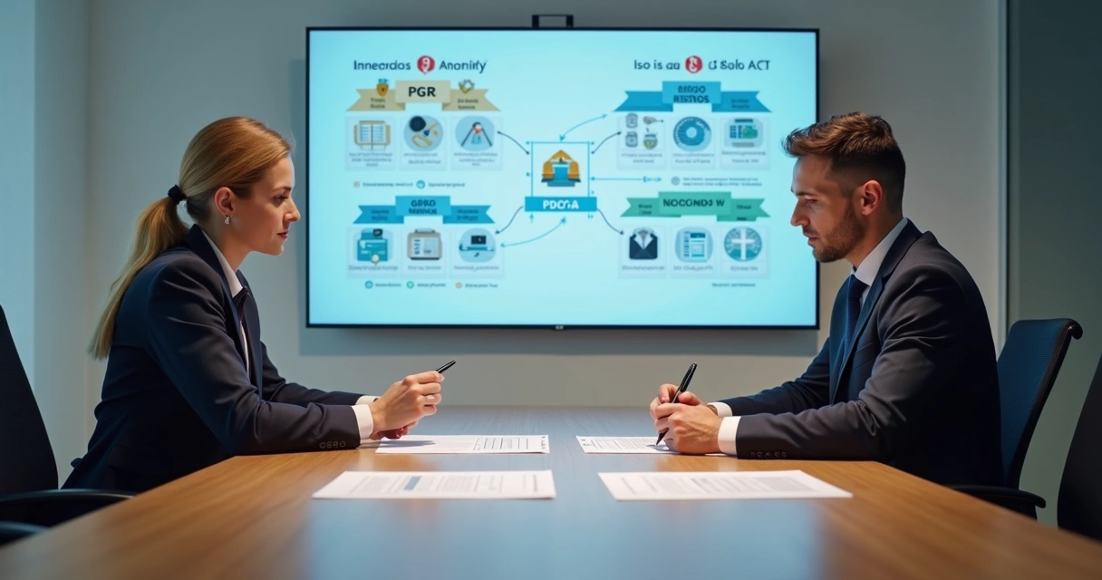 Profissionais analisando documentos de PGR ao lado de painel com fluxos da ISO 45001 