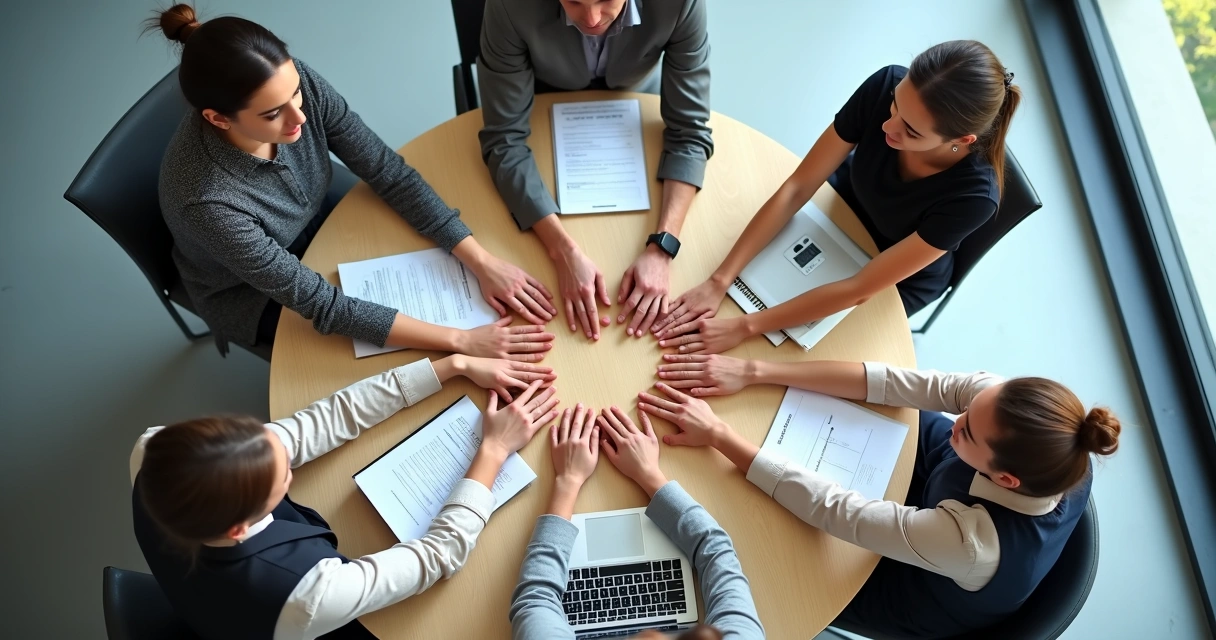 Cinco mãos formando uma estrela no centro de uma mesa de reunião 