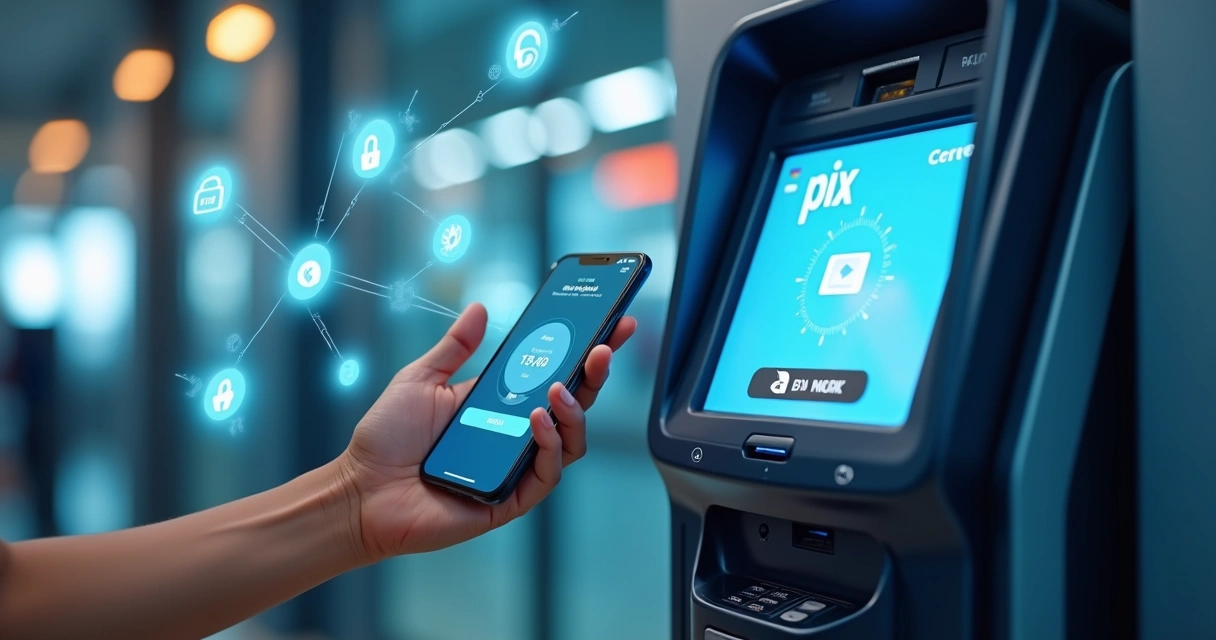 Tela de smartphone mostrando aplicativo bancário com opção de pagamento via Pix, maquininha de pagamento ao lado e ícones digitais de conectividade e segurança 