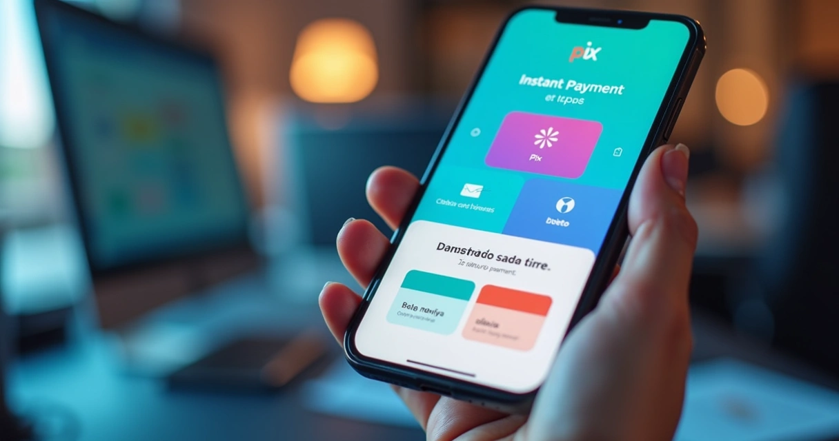 Tela de smartphone exibindo pagamento instantâneo via Pix em app de banco digital, com interface moderna e ícones coloridos 