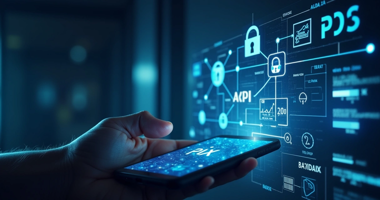 Conceito de integração entre Pix, Open Banking e BaaS em tela digital mostrando conexões entre ícones financeiros 