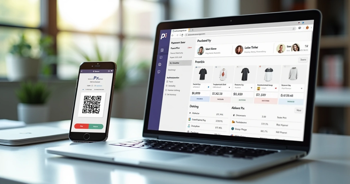 Tela de computador mostrando integração do Pix na plataforma Shopify com código QR no smartphone ao lado 