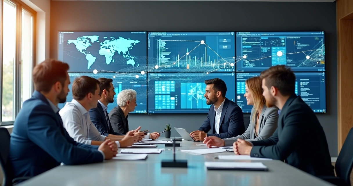 Profissionais reunidos analisando telas digitais de integração de sistemas de construção civil