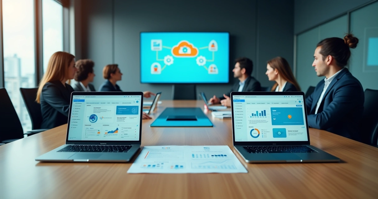 Tela de sistema de RH integrada a plataforma EAD em escritório corporativo 