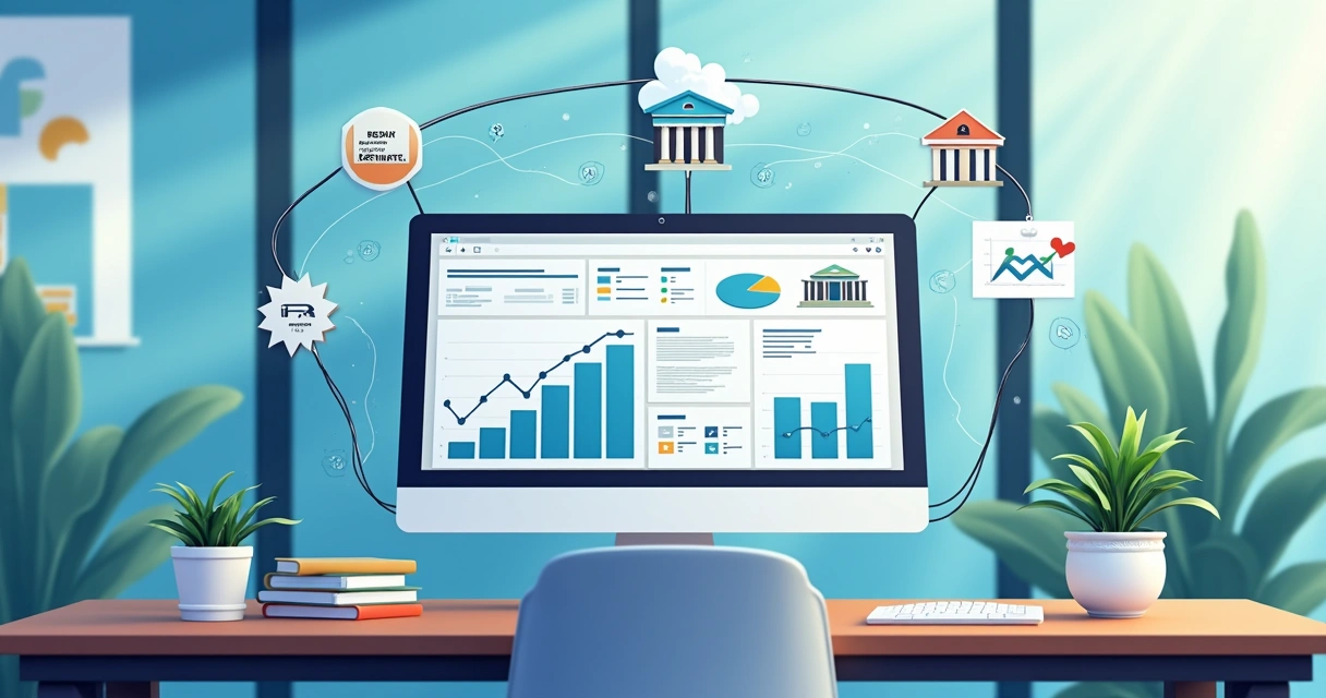 Ilustração representando integração entre plataforma financeira, ERP e bancos 