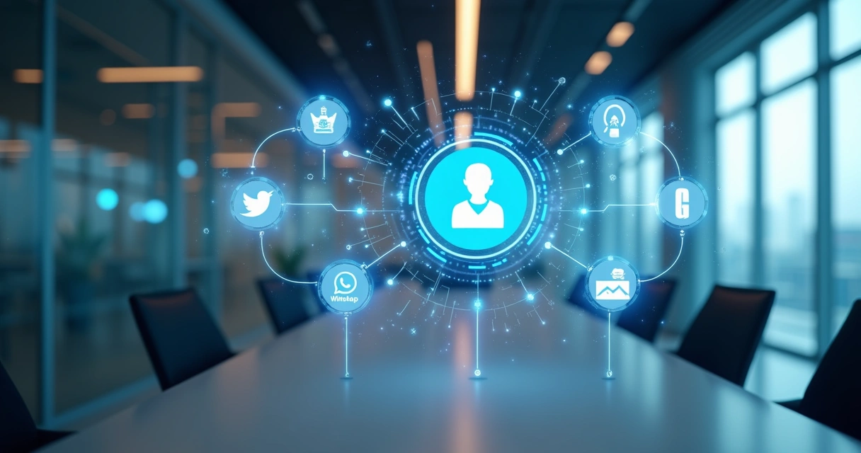 Interface digital com múltiplas janelas mostrando integração de IA com plataformas externas em ambiente corporativo 