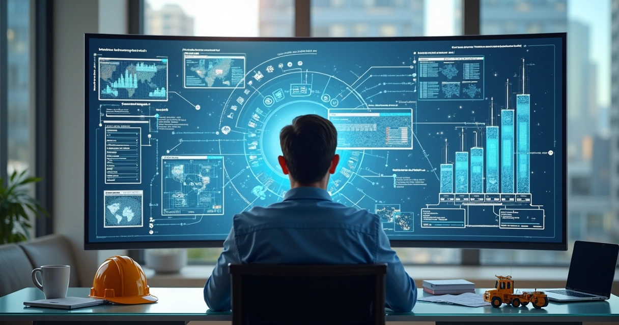 Profissional de construção civil integrando plataformas digitais em computador moderno com gráficos e diagramas de fluxo 