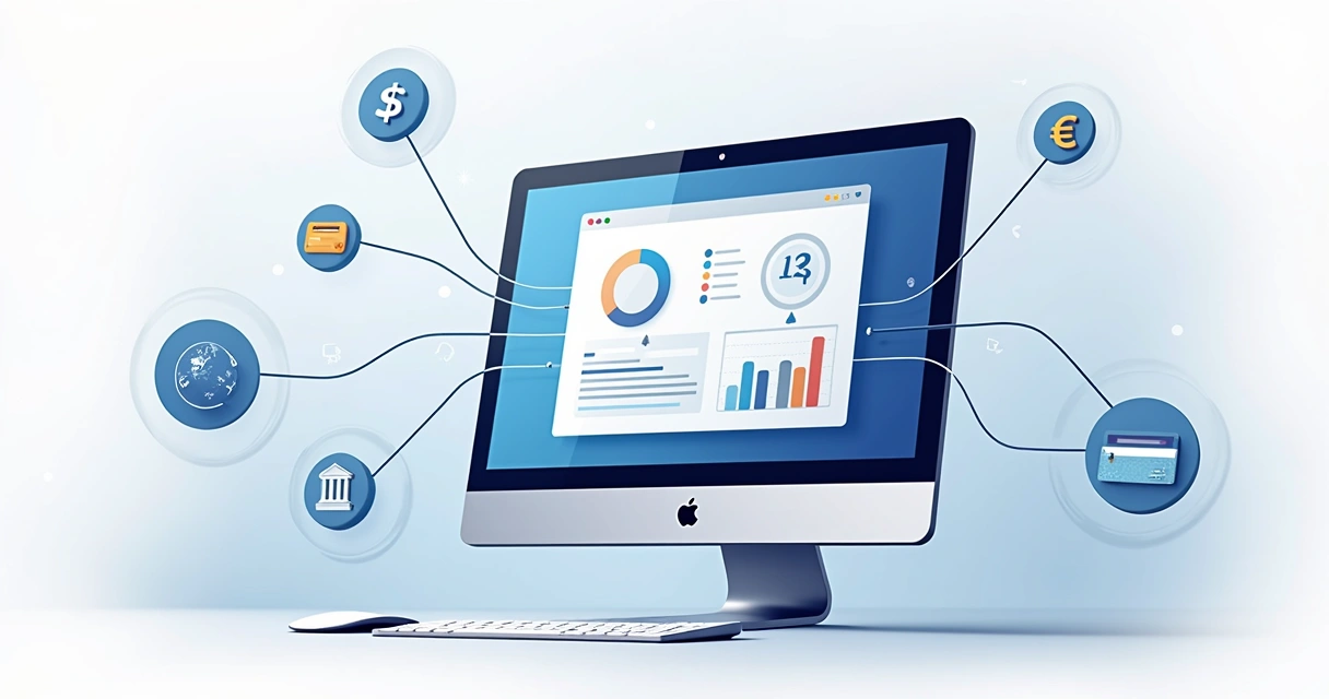 Ilustração de sistema de curso online integrado a soluções de pagamento globais 
