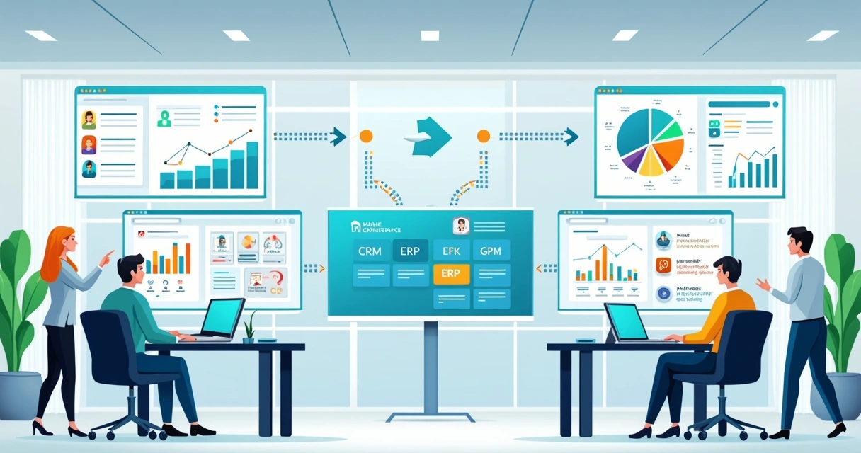 Ilustração mostrando dashboards de e-commerce integrados a sistemas CRM, ERP e marketplaces. 
