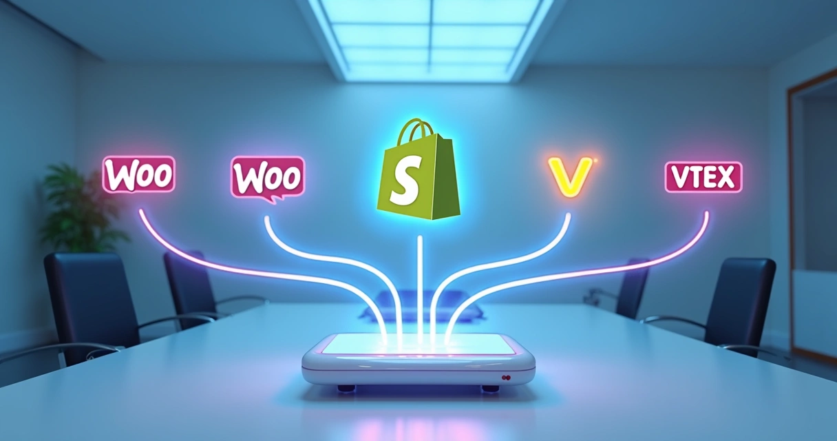 Conexão entre gateway de pagamento e plataformas Shopify, WooCommerce, VTEX 