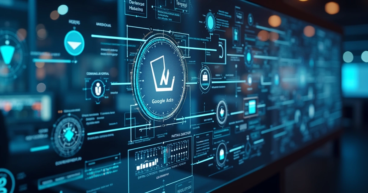 Sistema digital integrando plataformas de publicidade e IA com dados conectados 