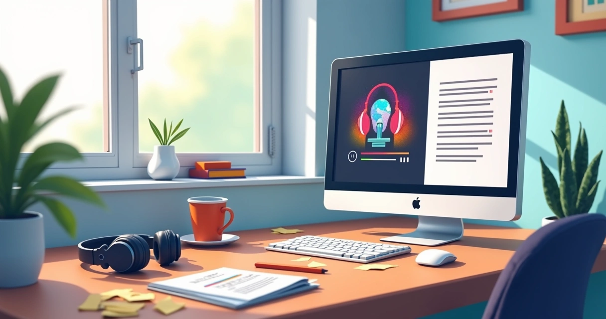 Integração visual entre player de podcast e post de blog em um notebook 