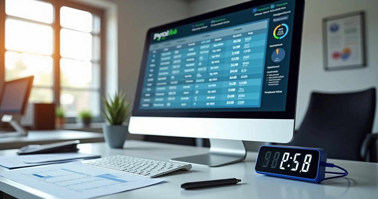 Computador com software de folha de pagamento exibido e relógio ponto eletrônico conectado ao sistema 