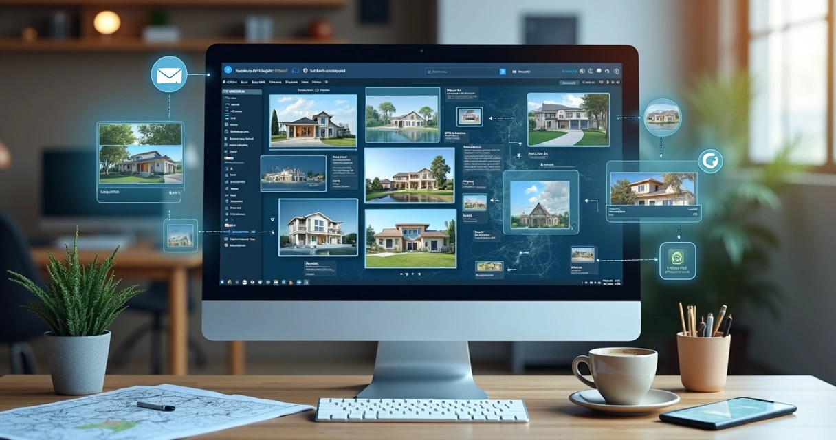 Computador mostrando múltiplos portais imobiliários integrados em uma interface moderna com gráficos, mapas e fotos de imóveis no fundo 