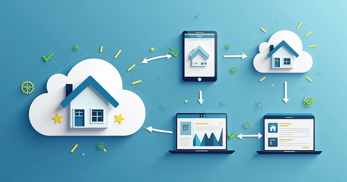 Fluxo digital mostrando integração entre sistema e portais imobiliários 