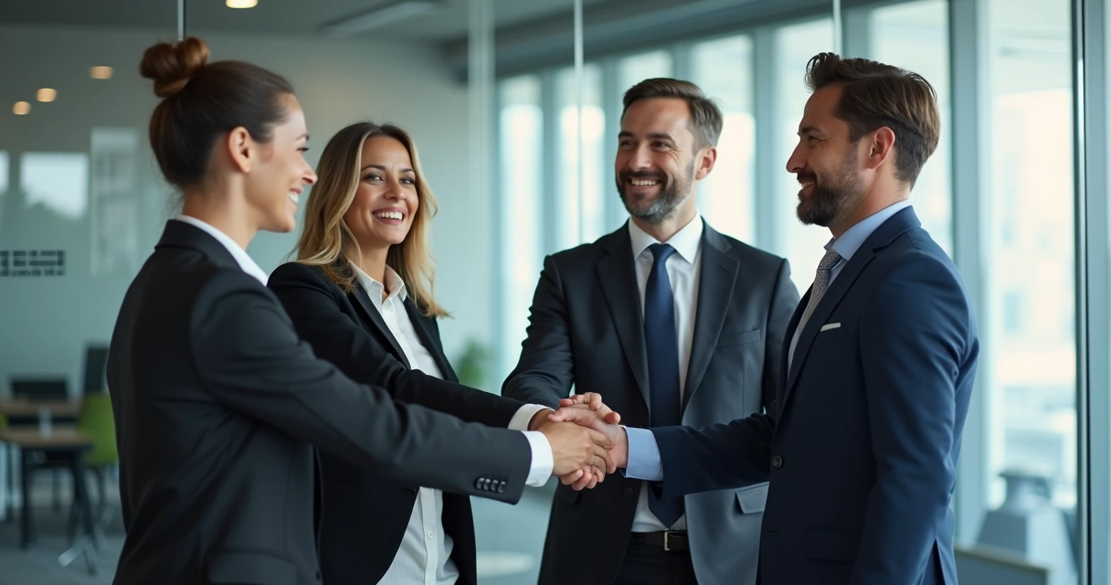 Executivos de diferentes empresas unindo mãos após fusão 