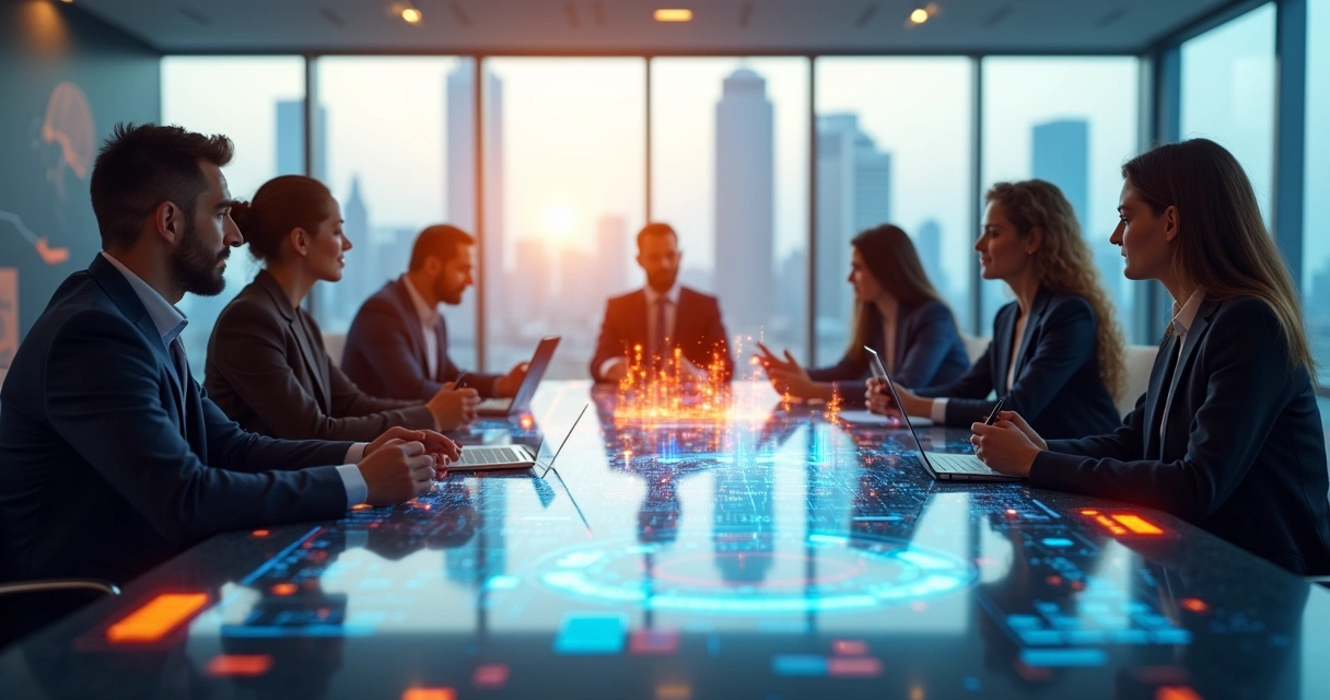 Sala de reunião corporativa moderna com profissionais discutindo gráficos digitais brilhantes sobre fusões e aquisições 