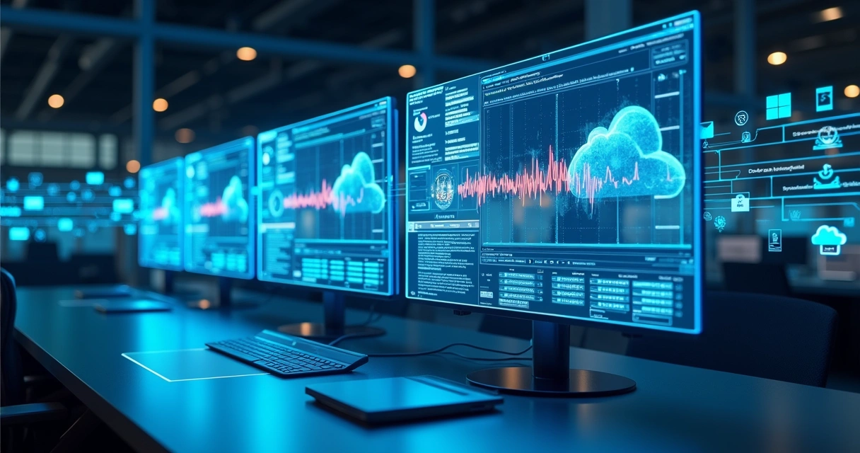 Interface digital mostrando integração entre Power Apps, nuvem e vários sistemas tecnológicos conectados 