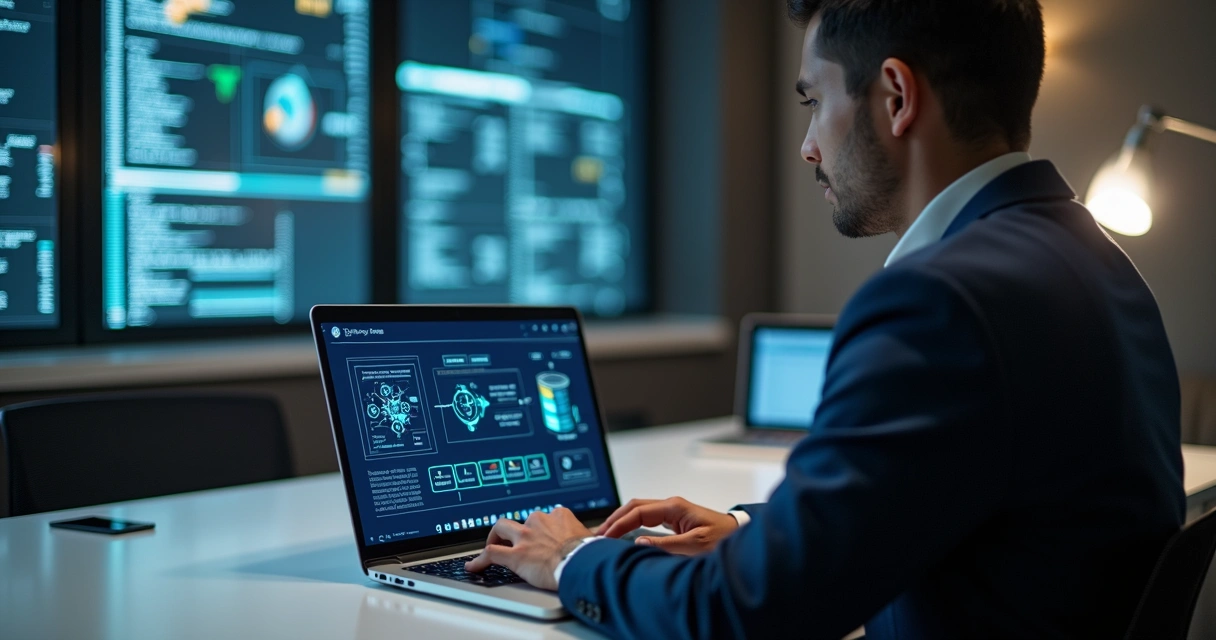 Profissional utilizando laptop com interface do Power Apps integrando sistemas antigos na tela, escritório moderno ao fundo 