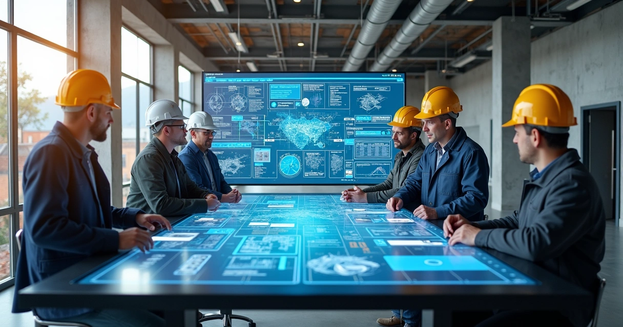 Profissionais analisando dados de construção em plataforma digital 