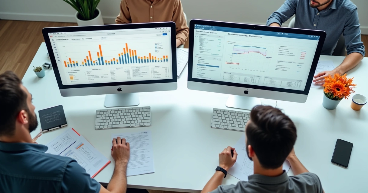 Dois sistemas de gestão financeira interligados com gráficos de barras coloridas e uma equipe trabalhando 