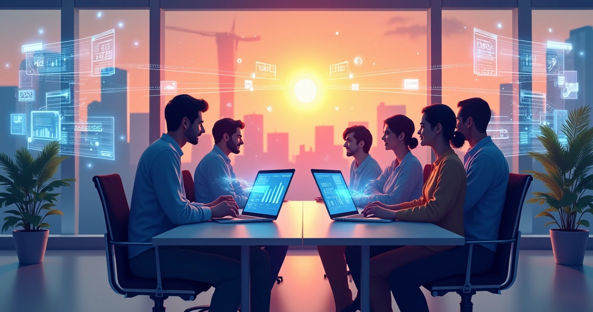 Ambiente de escritório moderno com equipes integradas por tecnologia de IA, mostrando colaboração e dados analíticos.