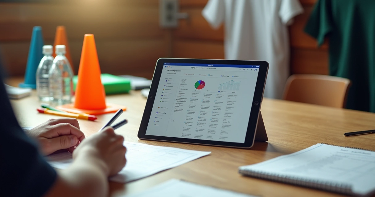 Mesa com tablet mostrando painel de gestão e itens de futebol lado a lado 