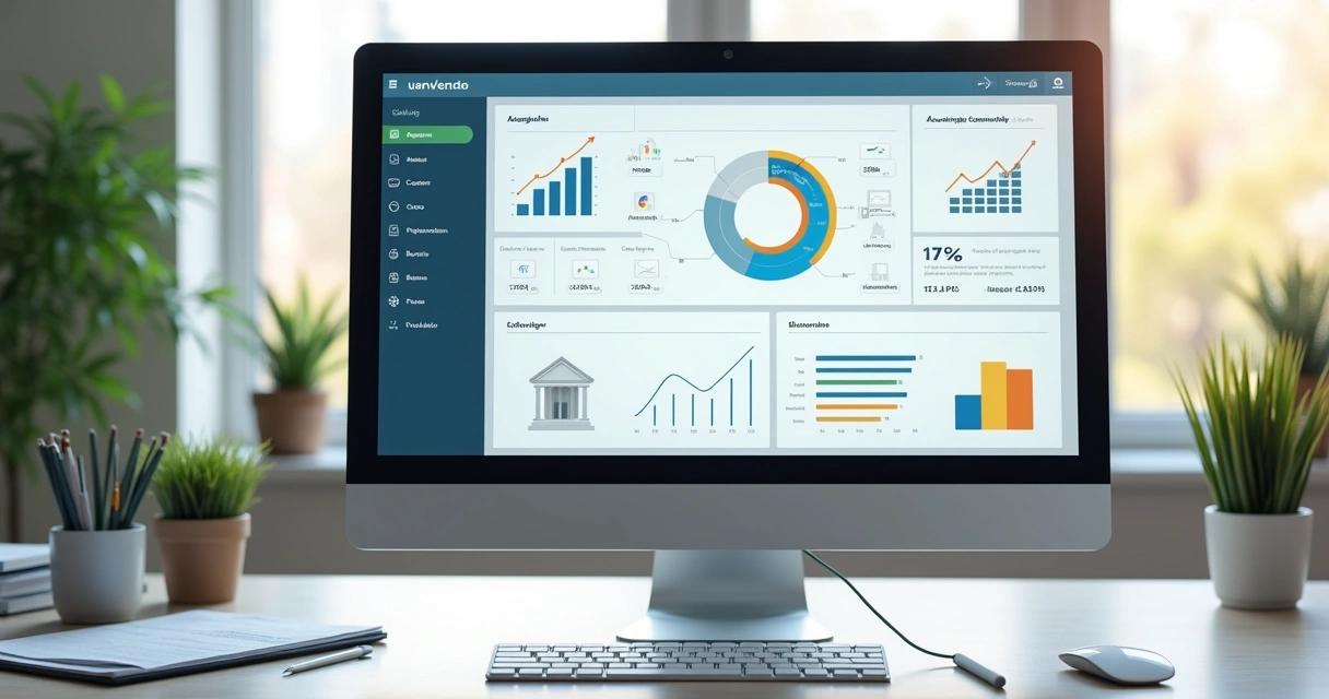 Tela de software de integração bancária com gráficos e ícones de bancos na lateral 