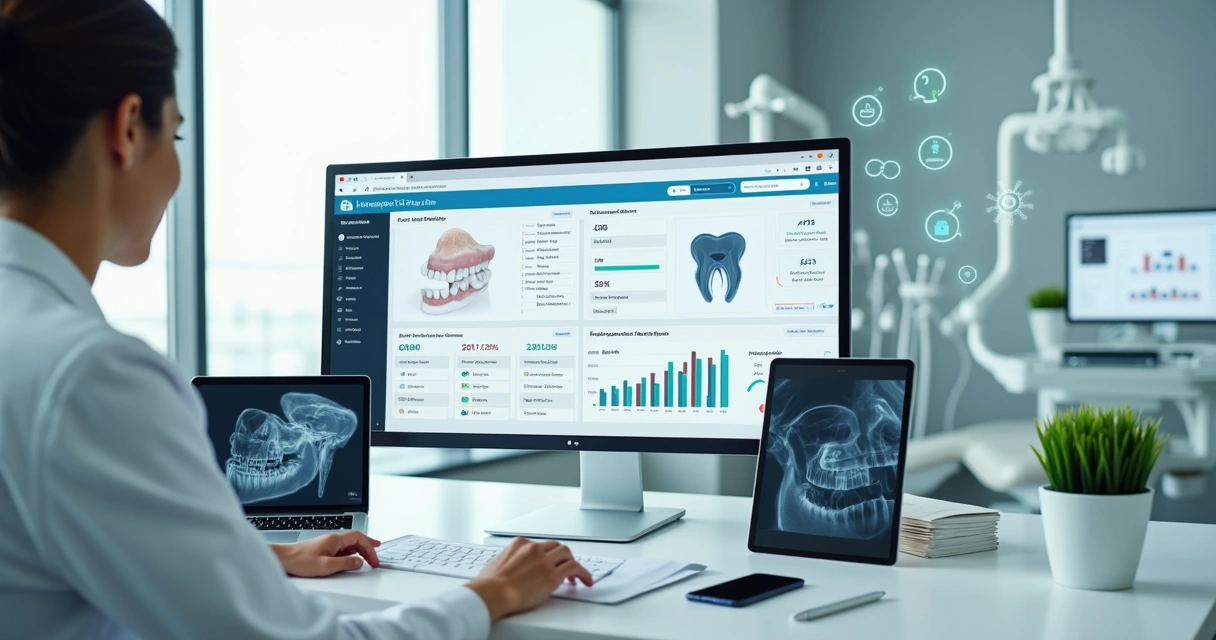 Dentista usando prontuário digital integrado ao laboratório na tela do computador 